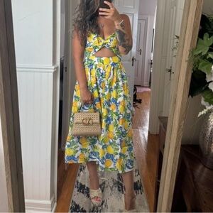 Boho Lemon Print Smocked High Waisted Midi Dress